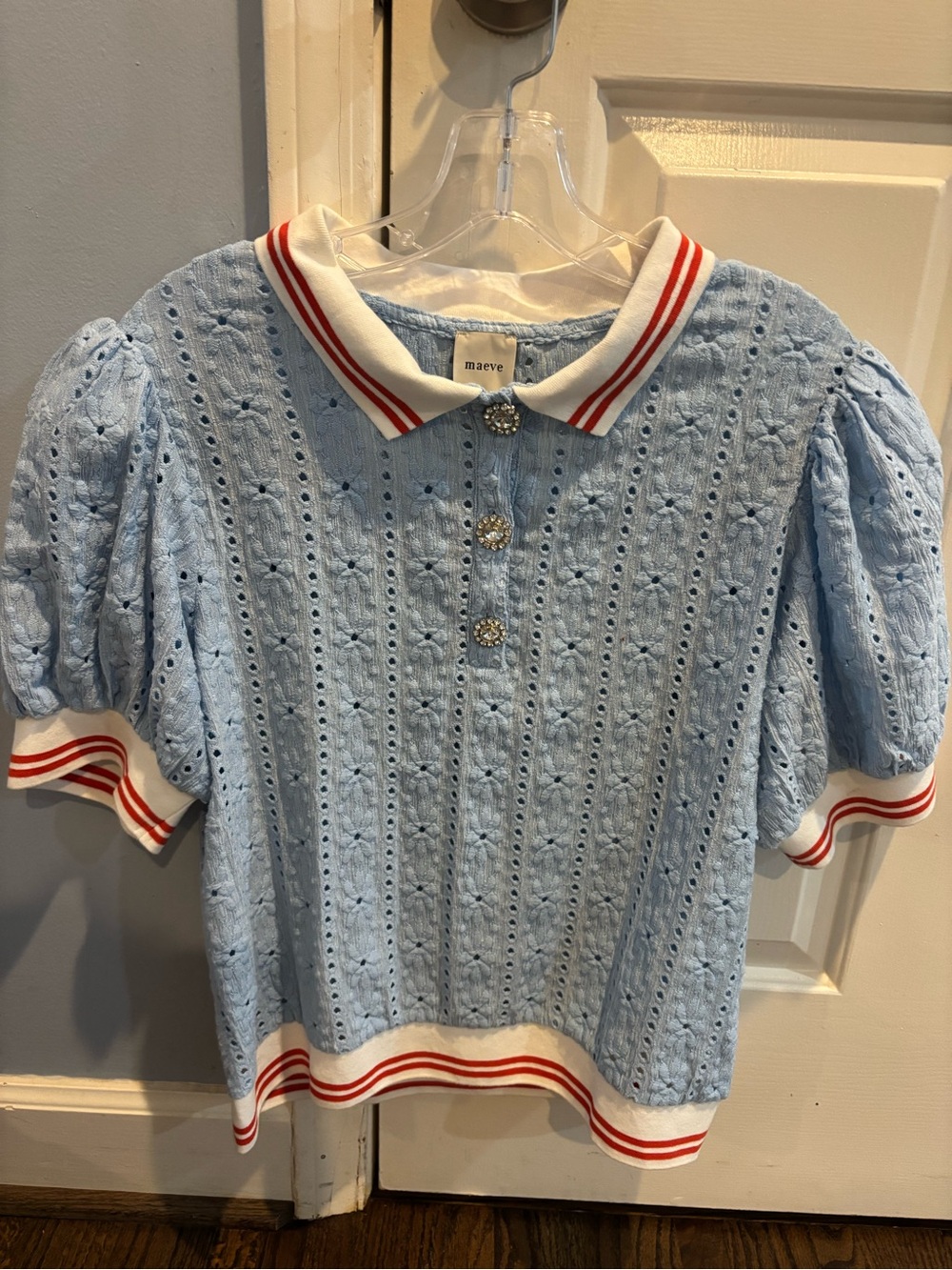 Maeve Puff Sleeve Lace Polo Blue Eyelet Polo Sweater with Red-Trim Collar